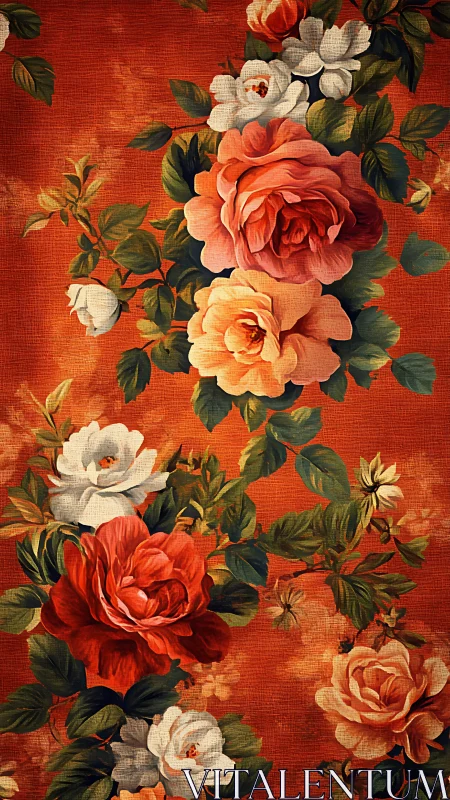 Floral rose pattern on textured orange botanical background.