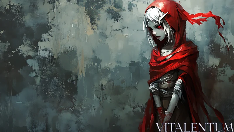 Crimson‑cloaked elf girl against weathered abstract wall.
