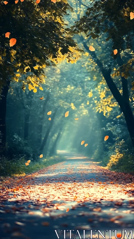 Autumnal Forest Corridor: Chromatic Leaf Descent Through Canopy Aperture.