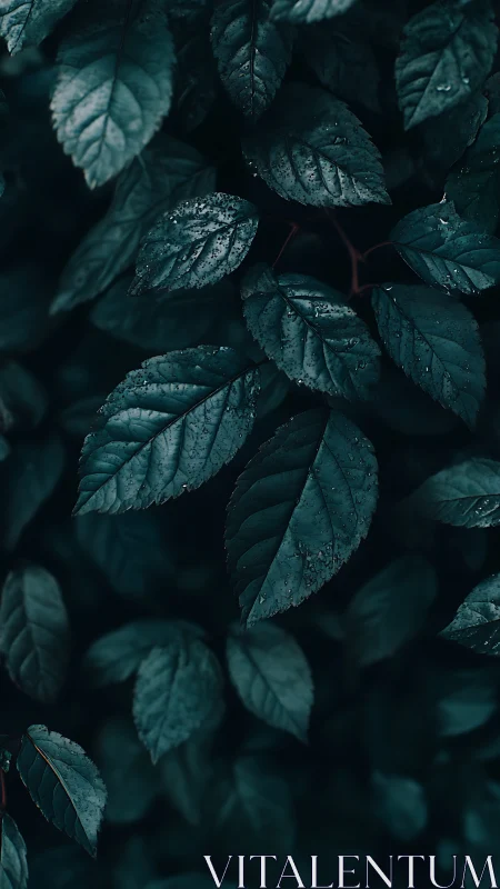 Moody macro foliage with teal-tinted raindrop detailing.