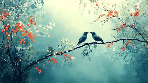 Two Souls Perched: Love Blooms Where Crimson Flowers Dance.