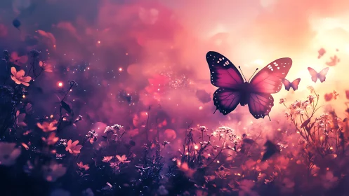 Backlit magenta butterfly in shallow-depth wildflower bokeh field