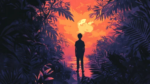 Silhouetted wanderer contemplates a vivid neon jungle sunset