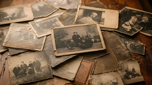 Scattered vintage family photographs on worn wooden table.