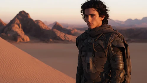 Desert-clad figure in tactical suit observes dunes at dusk