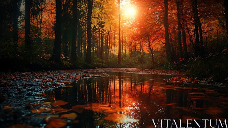 Autumn forest path with reflective water and morning sunlight.