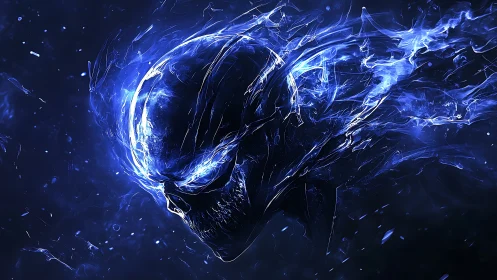 Glowing blue skeletal head rendered in dynamic digital flames