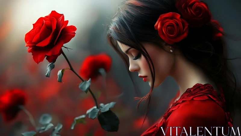 Digital painting portrait with red roses and soft bokeh depth.