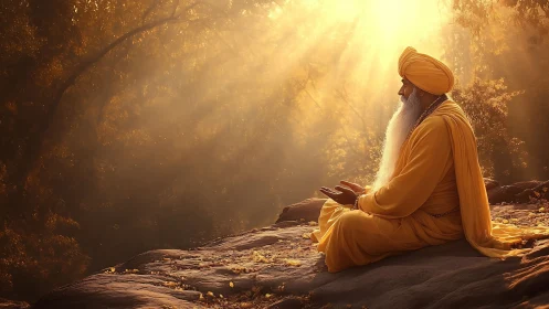 Elder meditates in golden forest light on rocky outcrop