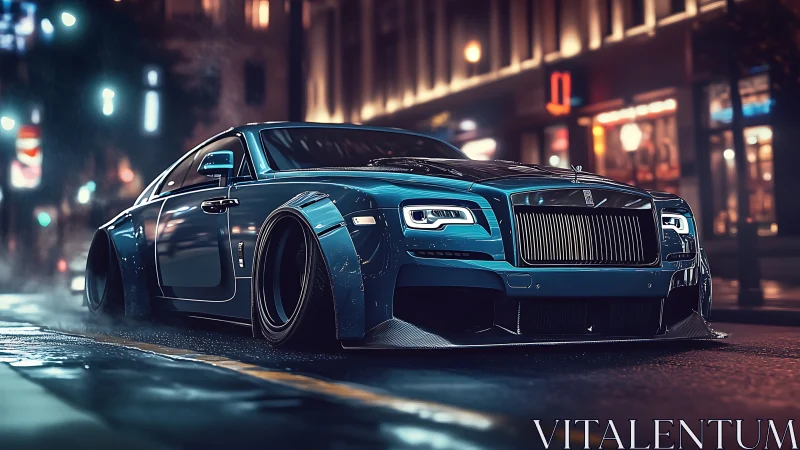 Midnight lowrider phantom prowling neon city rainroads.