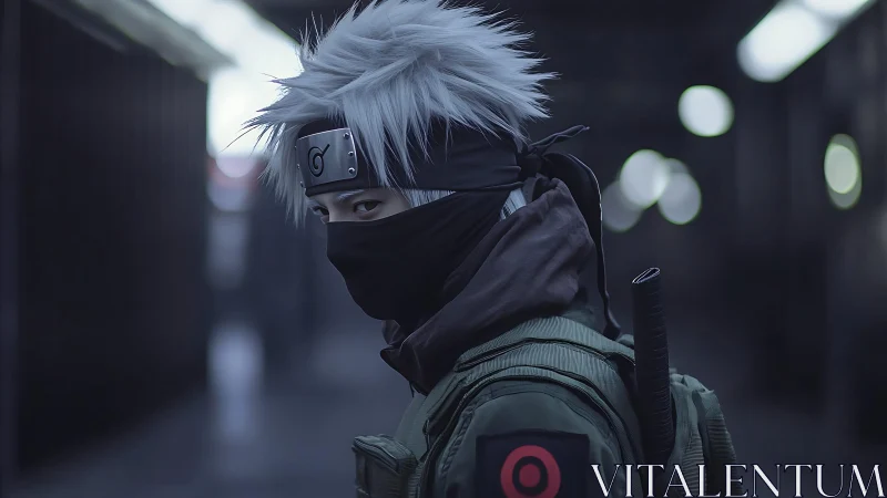 Masked silver-haired shinobi prowls the neon-shadowed platform.