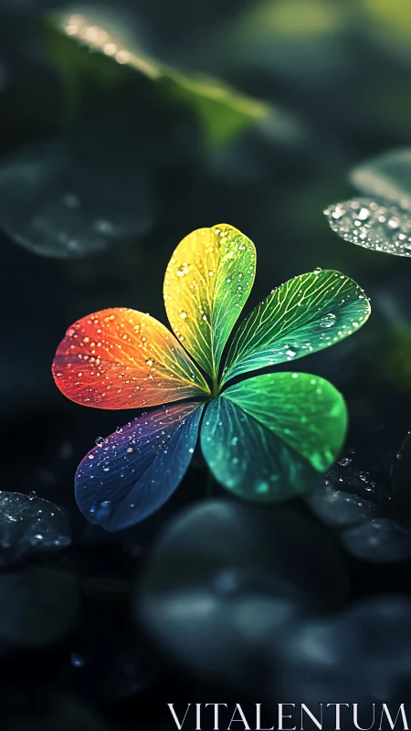Chromatic macro study of rainbow clover leaf with dew droplets.