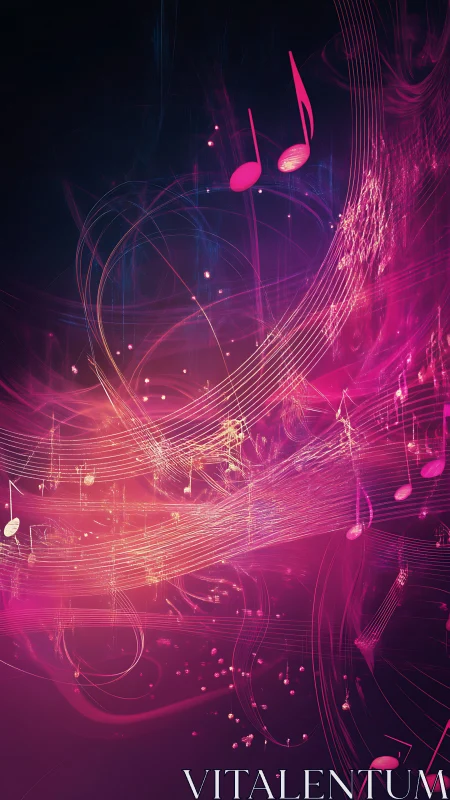 Abstract neon music notes on dark digital background.