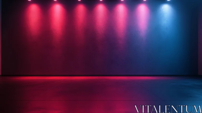 Neon gradient gallery wall under pink and blue spotlights.