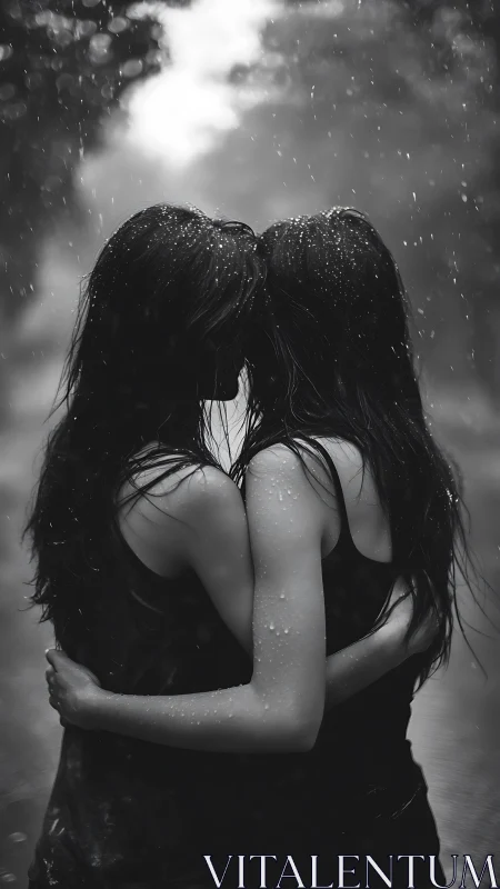 Monochromatic Silhouette: Twin Figures Embracing in Precipitation.