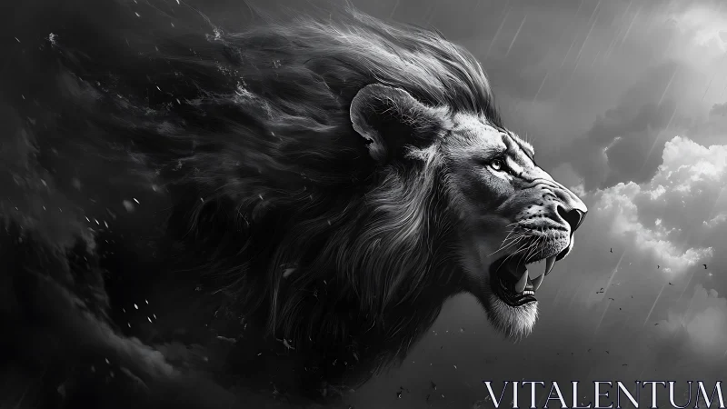 Roaring lion head emerging from stormy black clouds.