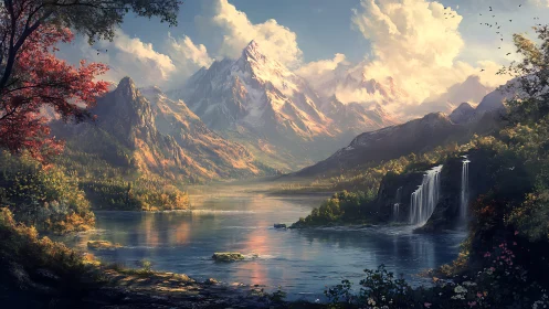 Gentle sunrise over alpine lake, waterfalls, and wild woods.