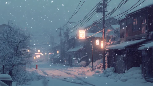 Snow-laden Japanese street with neon thermal contrast at dusk.
