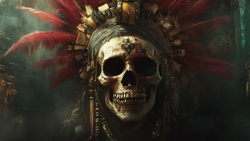 Tribal skull warlord with crimson feathered headdress.
