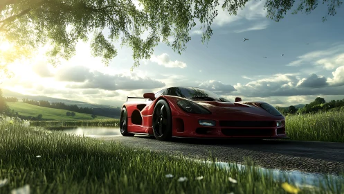 Sunlit red supercar glides calmly through peaceful countryside