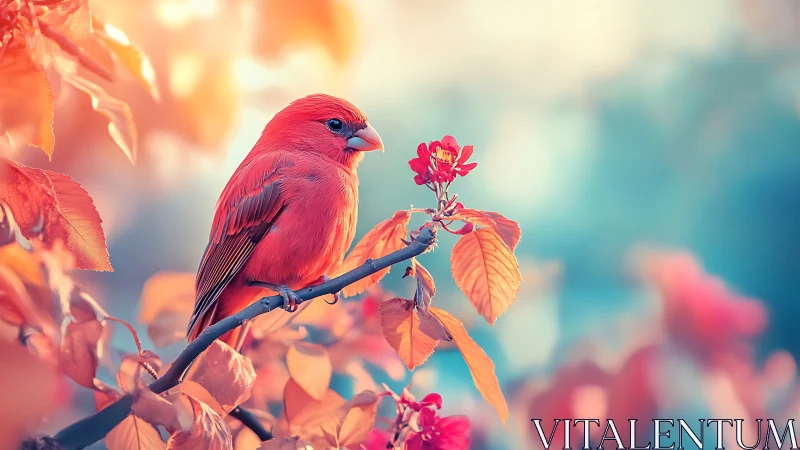 Vibrant red cardinal on autumn branch in dreamy, soft-focus style.