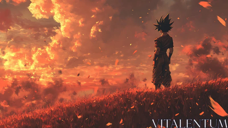 Fiery sunset sky welcomes a lone hero on a quiet hill