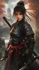 Autumn-lit female samurai in ornate lamellar armor by river