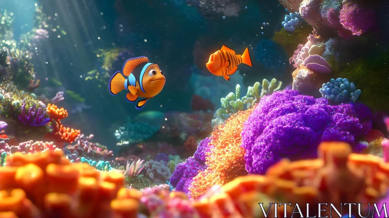 Playful clownfish friends exploring a glowing coral reef.