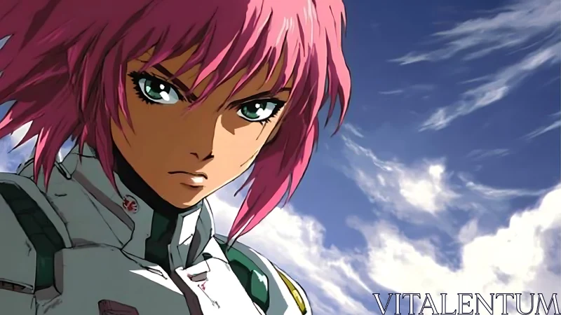 Pink haired anime soldier with intense stare under sky.