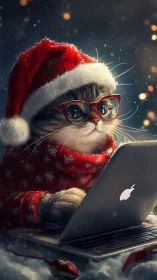 Cat in Santa hat using laptop in snowy Christmas scene.