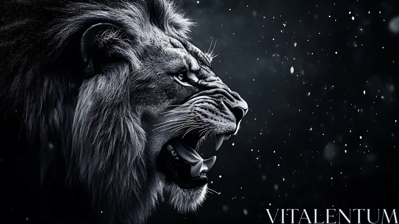 Roaring lion profile in stormy monochrome nightscape.