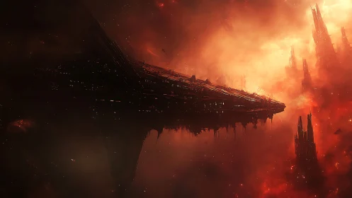 Massive angular starship crossing dense red nebula field.