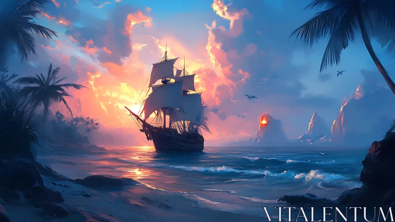 Sunlit pirate ship glides toward glowing volcanic isles