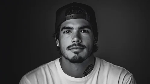 Young man in monochrome portrait stares directly forward