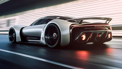Futuristic Porsche hypercar racing through luminous tunnel.