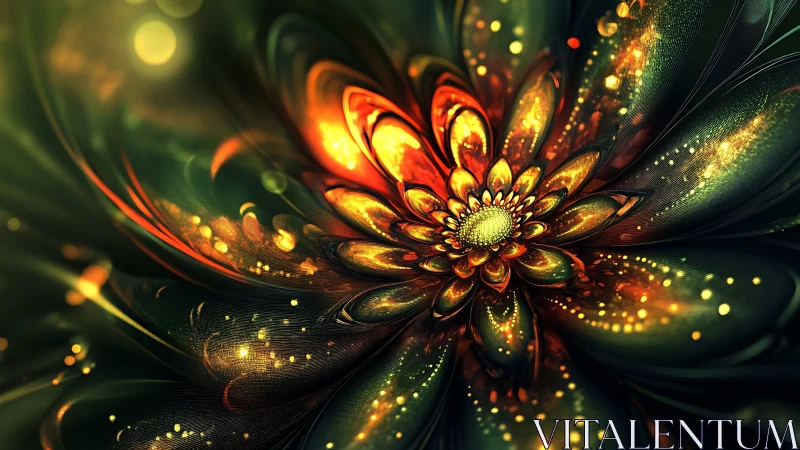 Glowing abstract flower with radiant green and gold petals.