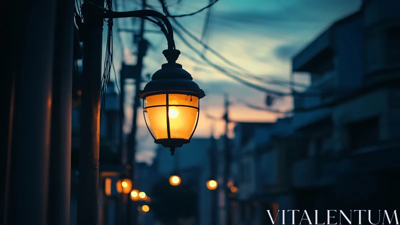 Warm street lantern glows against cool dusk urban bokeh field
