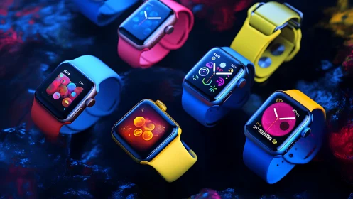 Vibrant smartwatches with high-saturation bands under studio lighting