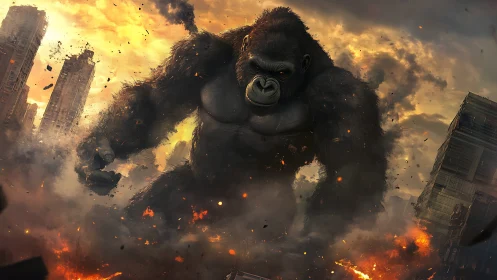Colossal gorilla dominates burning cityscape in dynamic digital matte