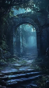 Moonlit stone arch frames overgrown stairway in dense ruins