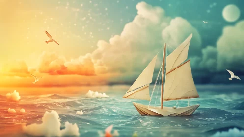 Paper sailboat navigating chromatic twilight seascape tableau.