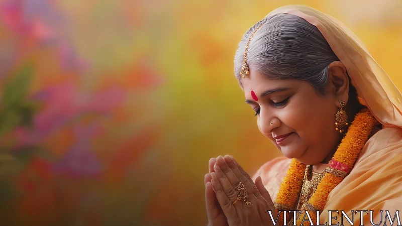 Elderly Indian Woman in Prayer, Warm Colors, Soft Focus Portrait.