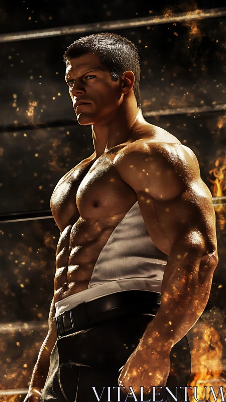 Muscular fighter stands in fiery arena under glowing embers