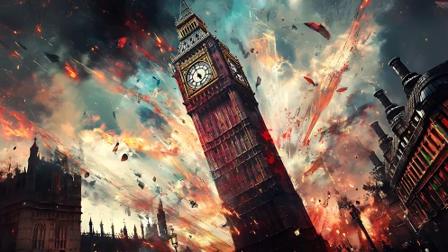 Apocalyptic clocktower collapse in combustive urban vortex.