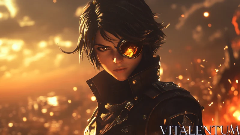 Fierce firelit warrior with glowing eyepatch gaze stands strong.