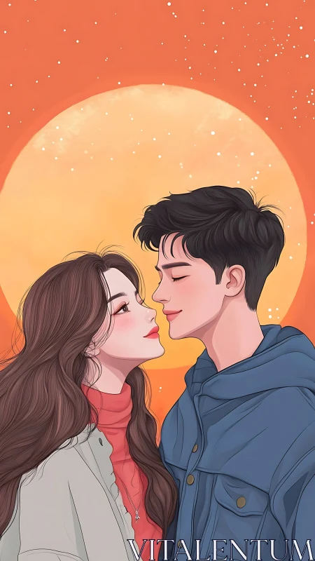 Two Hearts Under the Sunset Moon, a Romantic Moment