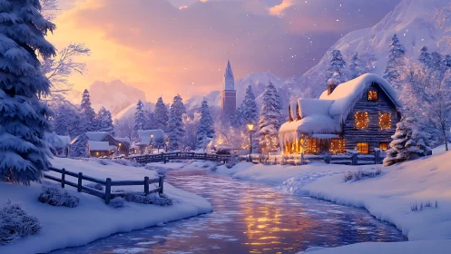 Snowy riverside village glowing under a gentle winter sunset.