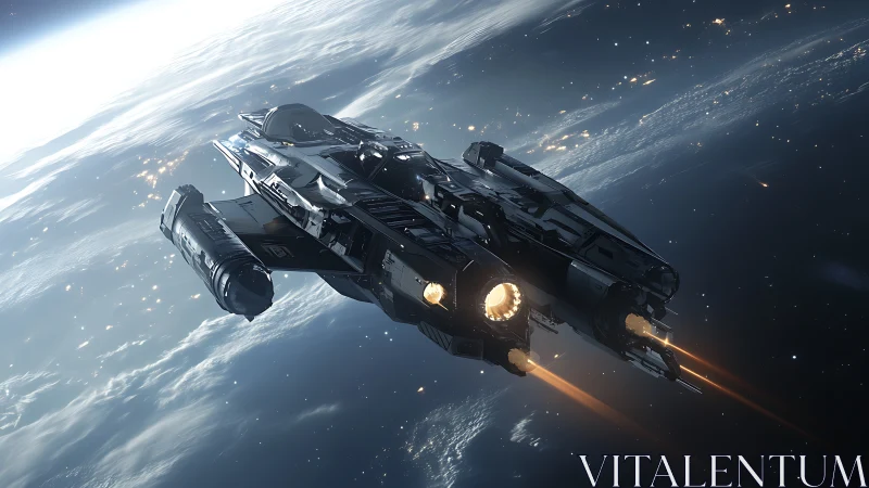 Sleek starship gliding over a glowing, cloudlit planet.