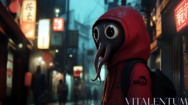 Hooded alien wanderer roams neon alley in rainy cyber city.