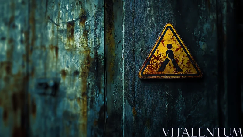 Rusty construction warning sign on dark metal wall.